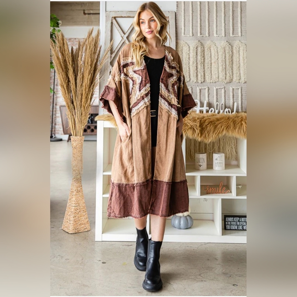 🐼#703 OLI & HALI WASHED STAR PATCHWORK COLORBLOCK KIMONO - Picture 6 of 6